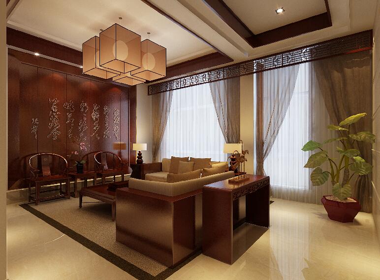 绥化六合逸园经典中式客厅半圆靠椅红木沙发中式吊灯效果图